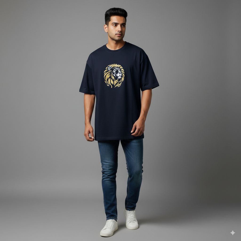 Men's Black Oversized Crew Neck T-Shirt with Embroidered