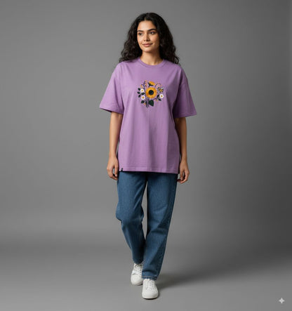 Women Purple Embroidered Oversized Fit T-Shirt