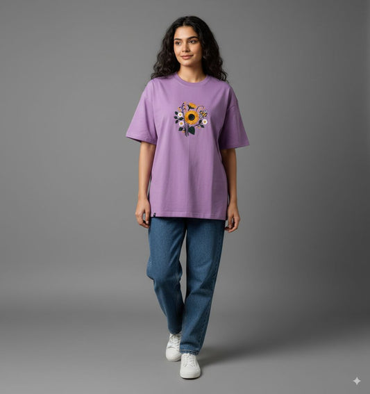 Women Purple Embroidered Oversized Fit T-Shirt