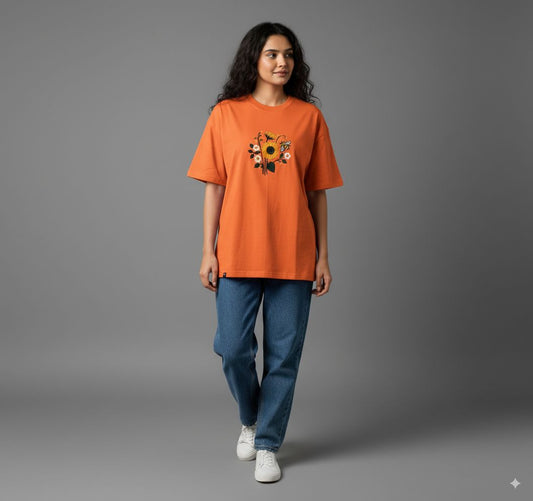 Women Orange Embroidered Oversized Fit T-Shirt