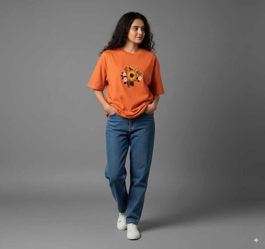 Women Orange Embroidered Oversized Fit T-Shirt