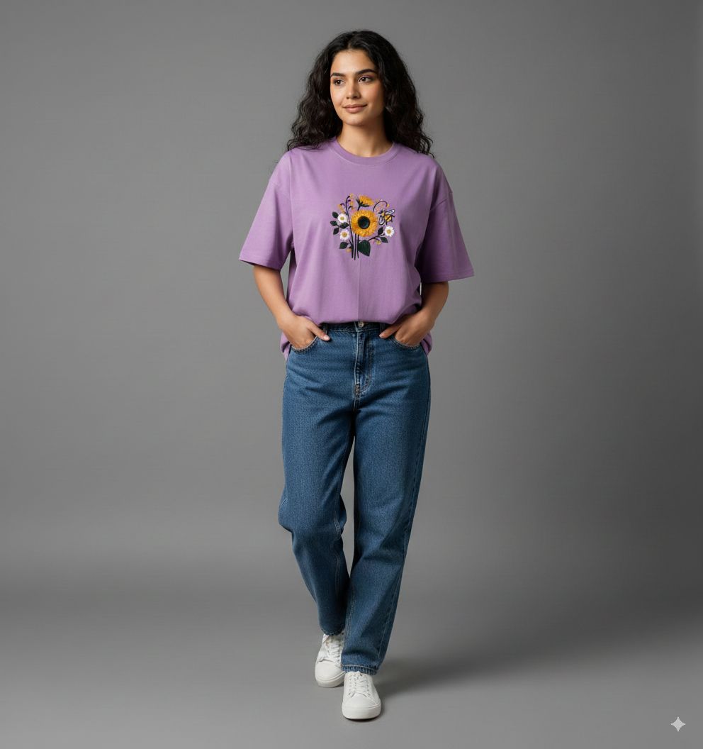 Women Purple Embroidered Oversized Fit T-Shirt