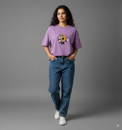 Women Purple Embroidered Oversized Fit T-Shirt