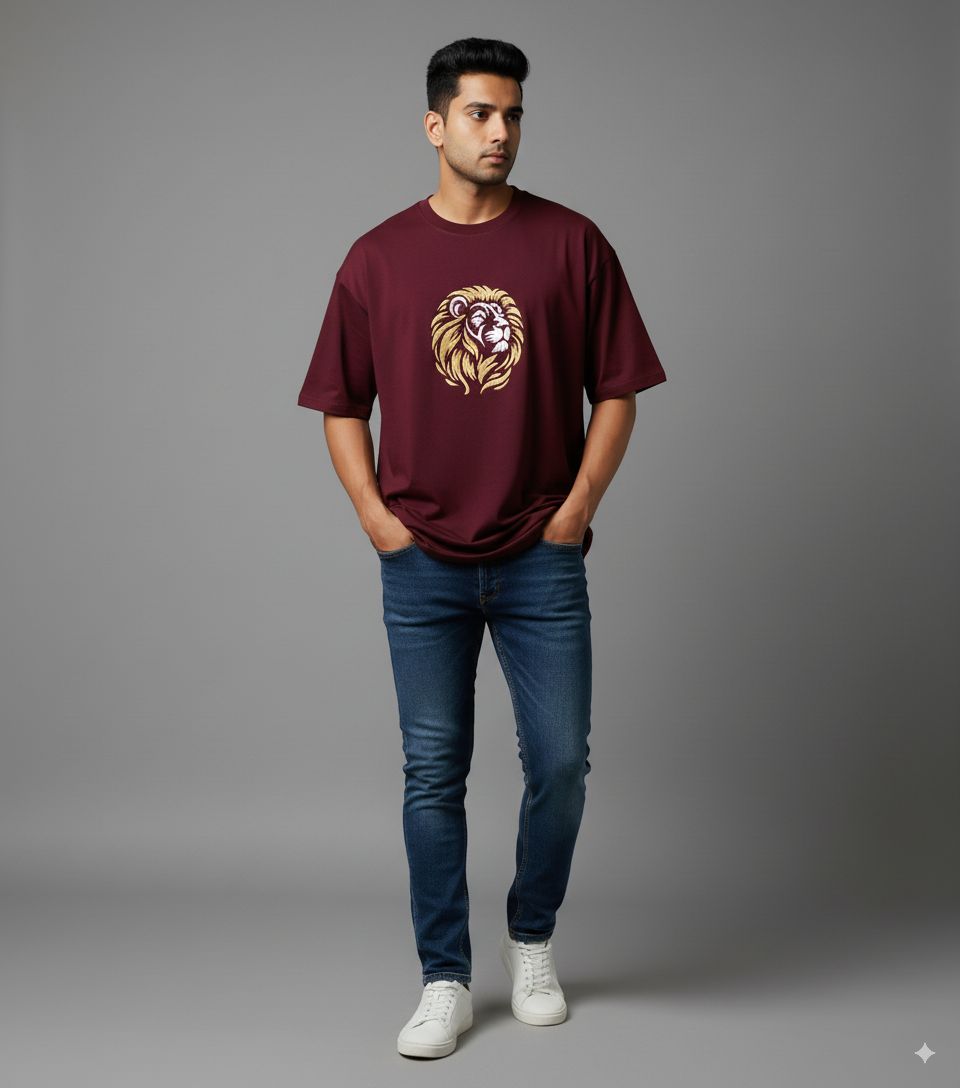 Men's maroon Oversized Crew Neck T-Shirt with Embroidered