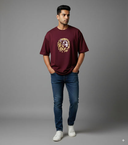 Men's maroon Oversized Crew Neck T-Shirt with Embroidered