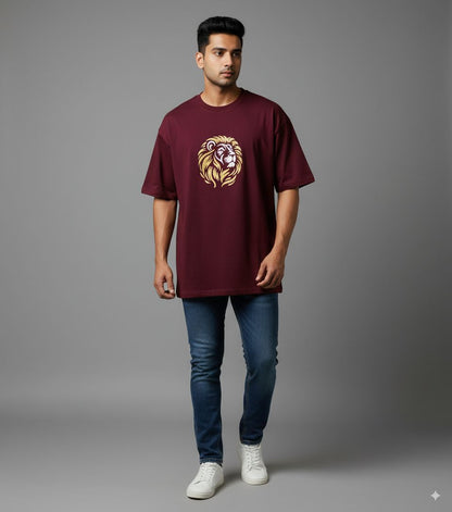 Men's maroon Oversized Crew Neck T-Shirt with Embroidered