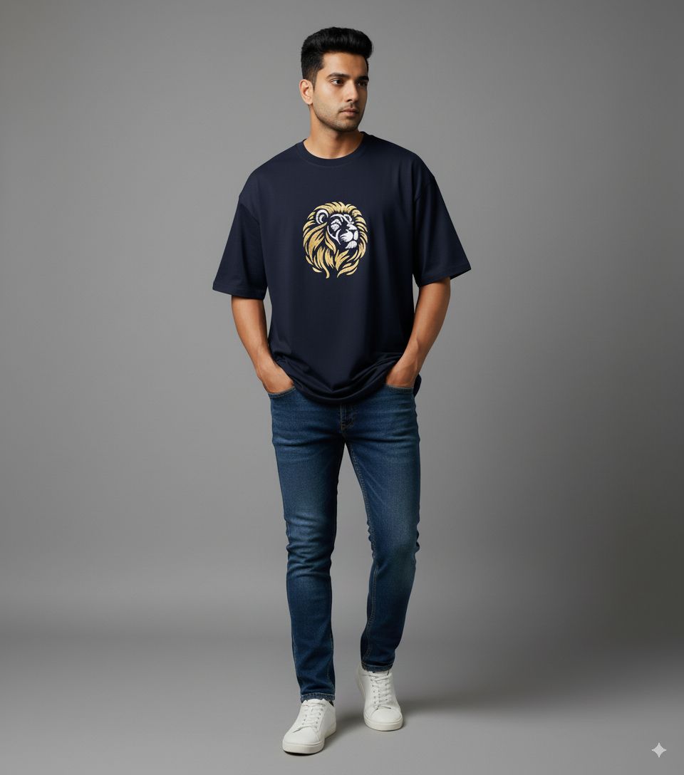 Men's Black Oversized Crew Neck T-Shirt with Embroidered