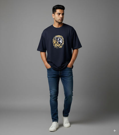 Men's Black Oversized Crew Neck T-Shirt with Embroidered